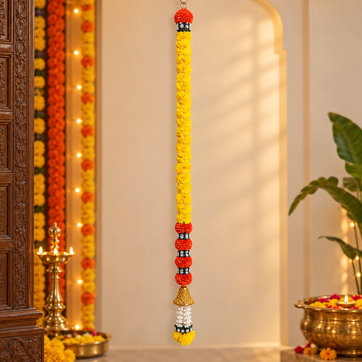 Artificial flower garland for photo backdrops
Fabric flowers with leaf detailing
Hand-finished hanging flower decoration
Bead or metal tassel accents
Five-foot garland for backdrop styling
Traditional festive Indian-inspired decor
Uphar Handicrafts