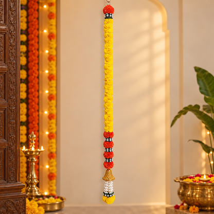 Artificial flower garland for photo backdrops
Fabric flowers with leaf detailing
Hand-finished hanging flower decoration
Bead or metal tassel accents
Five-foot garland for backdrop styling
Traditional festive Indian-inspired decor
Uphar Handicrafts