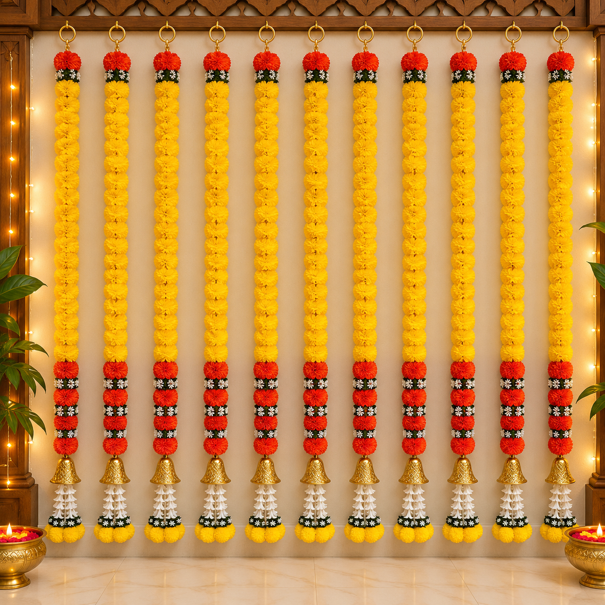 Artificial flower garland for puja room
Fabric flowers with leaf detailing
Bead or metal tassel decoration
Handcrafted hanging flower string
Suitable for mandirs and puja spaces
Traditional Indian-inspired festive decor
Uphar Handicrafts