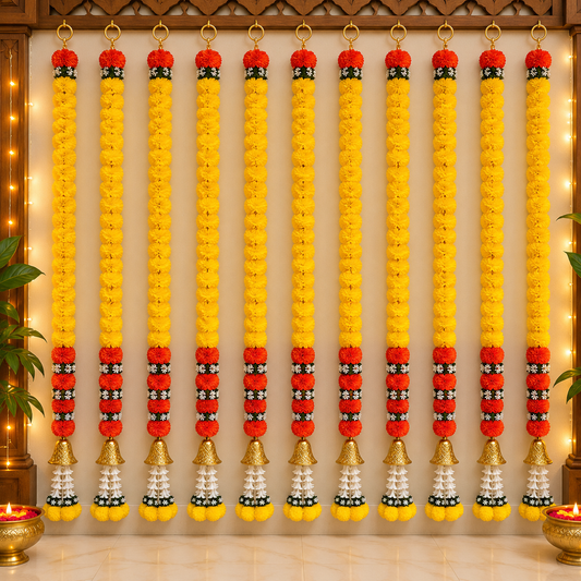 Artificial flower garland for puja room
Fabric flowers with leaf detailing
Bead or metal tassel decoration
Handcrafted hanging flower string
Suitable for mandirs and puja spaces
Traditional Indian-inspired festive decor
Uphar Handicrafts