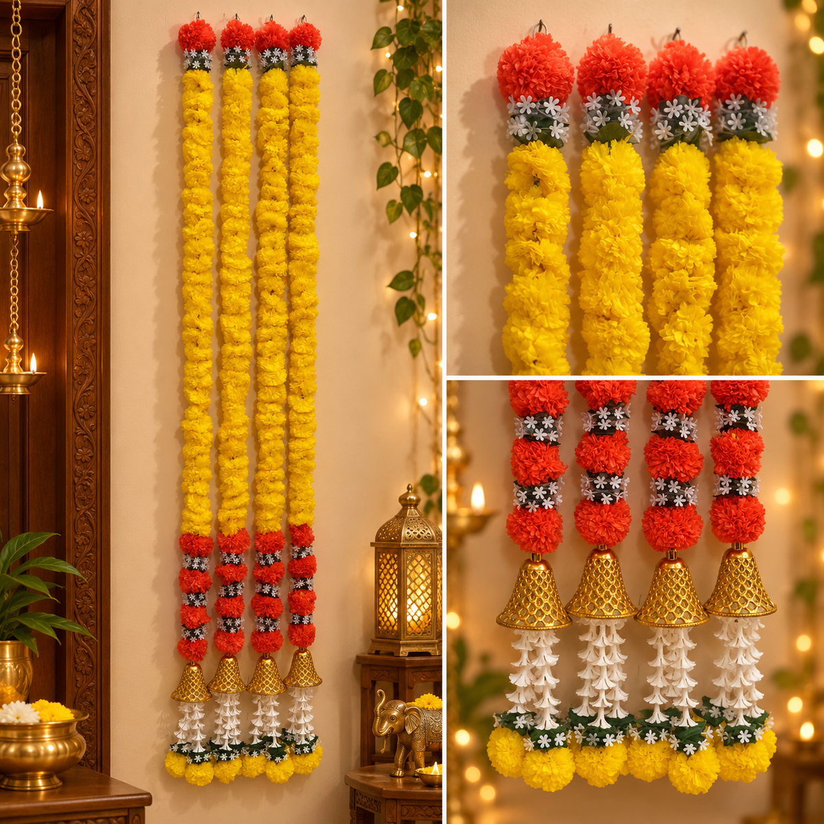 Artificial flower garland for wedding decor
Fabric flower hanging string
Leaf detailing with tassel accents
Five-foot hanging garland
Suitable for mandaps and stages
Handcrafted Indian-inspired decoration
Uphar Handicrafts