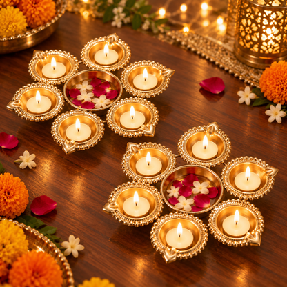 Flower shaped brass diya tealight holder
Six diya cups with center bowl
Gold tone handcrafted metal decor
Traditional Indian festive candle holder
Seven-inch flower arrangement
Uphar Handicrafts