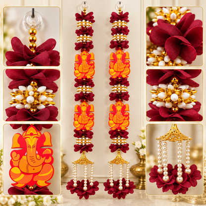 Ganesh hanging garland for doorway decor
Fabric flower hanging with Ganesh motifs
Pearl style bead detailing
Gold tone metal bell tassels
Hook or loop for easy hanging
Handcrafted Indian festive decoration
Uphar Handicrafts