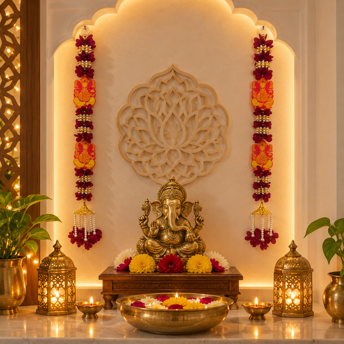 Ganesh hanging garland for puja room
Vertical fabric flower hanging
Ganesh motifs with layered flowers
Pearl style beads and bell tassels
Two-foot garland for festive decor
Traditional Indian-inspired puja decoration
Uphar Handicrafts
