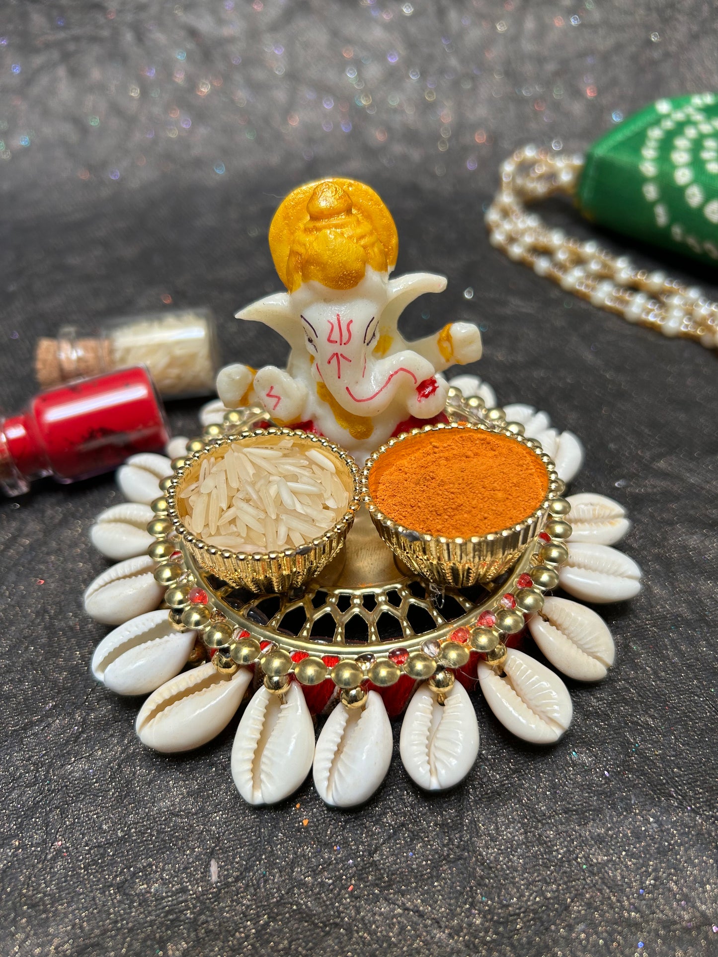Ganesh Ji Roli Kumkum Chawal Holder
Traditional Ganesh Ji Puja Decor
Roli and Chawal Ritual Set
Indian Wedding and Housewarming Accessory
Diwali and Festive Pooja Decor
Auspicious Religious Gift
Uphar Handicrafts