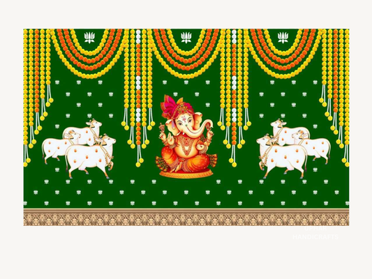 Ganesh Ji Pichwai Backdrop
Traditional Indian Spiritual Wall Decor
Ganesh Ji with Pichwai Style Motifs
5x8 Feet Large Fabric Backdrop
Pooja Room and Mandir Decoration
Diwali Ganesh Chaturthi Festive Decor
Uphar Handicrafts
