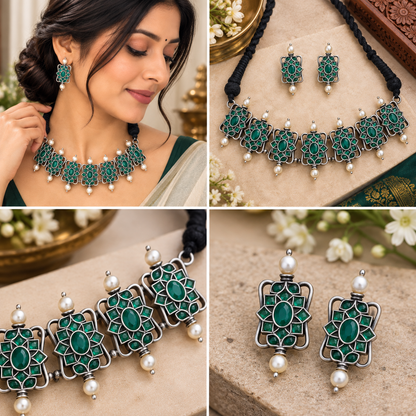 Oxidized necklace and earrings set for Garba
Traditional tribal-inspired Indian jewelry
Antique silver-tone necklace with matching earrings
Metal alloy jewelry with stone and bead accents
Handcrafted necklace set for Navratri celebrations
Festive accessories for traditional Garba outfits
Uphar Handicrafts
