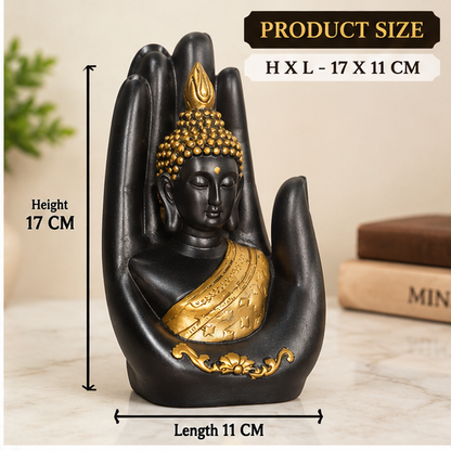 Buddha hand figurine with gold-tone detailing
Seated Buddha with decorative robe and hair
Open palm supports the meditating Buddha figure
Matte black polyresin construction
Detailed lotus border around the statue base
Decorative accent for yoga and meditation corners
Uphar Handicrafts