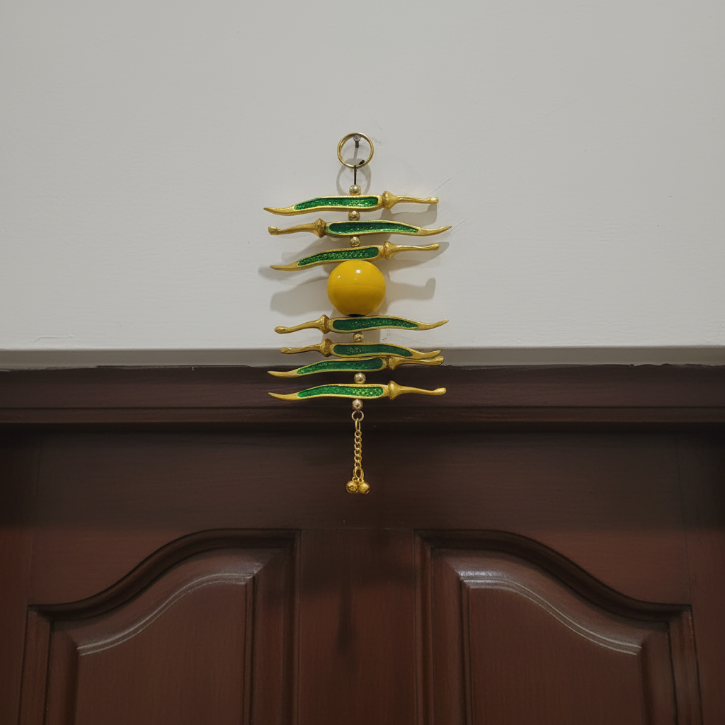 Golden Nimboo Mirchi Hanging
Traditional Indian Lemon Chili Design
Green Chili and Yellow Lemon Decor
Metal Evil Eye Nazar Protection Hanging
Vastu Inspired Door Entrance Decor
Home Shop and Office Decoration
Uphar Handicrafts