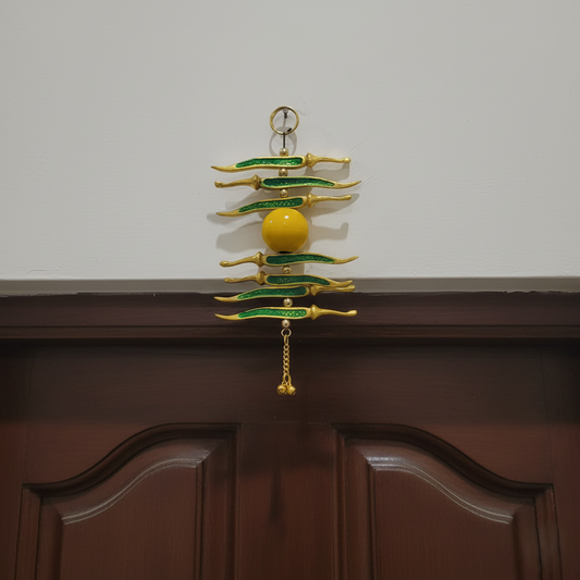 Golden Nimboo Mirchi Hanging
Traditional Indian Lemon Chili Design
Green Chili and Yellow Lemon Decor
Metal Evil Eye Nazar Protection Hanging
Vastu Inspired Door Entrance Decor
Home Shop and Office Decoration
Uphar Handicrafts