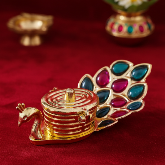 Golden Peacock Kumkum Holder
Elegant Peacock Motif Metal Design
Shiny Golden Metallic Finish
Kumkum Haldi Chandan and Sindoor Holder
Traditional Hindu Pooja Room Decor
Compact Indian Ritual Accessory
Uphar Handicrafts