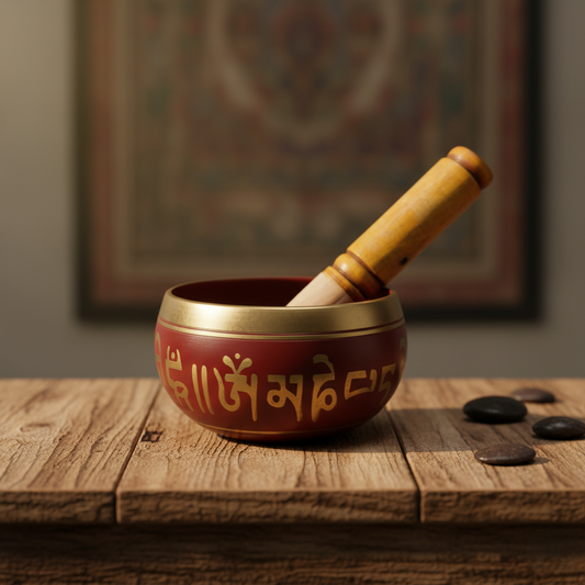Golden Red Tibetan Singing Bowl
Traditional Buddhist Meditation Instrument
Engraved OM Symbol Metal Bowl
Handcrafted Singing Bowl
Includes Wooden Striker Stick
Yoga Meditation and Sound Therapy
Uphar Handicrafts