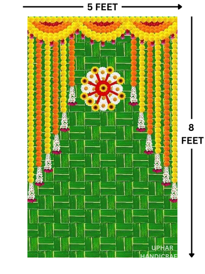 Green Bamboo Marigold Wall Backdrop
Vibrant Indian Floral Fabric Design
Traditional Rangoli Inspired Flower Art
8x5 Feet Large Event Backdrop
Puja Altar and Stage Decoration
Reusable Indian Festival and Party Decor
Uphar Handicrafts