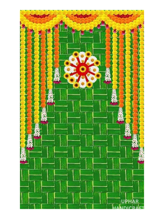 Green Floral Indian Fabric Backdrop
Bamboo Inspired Traditional Design
Hanging Marigold Garland Decoration
8x5 Feet Large Pooja Backdrop
Rangoli Style Floral Wall Decor
Diwali Ganesh Chaturthi and Navratri Decor
Uphar Handicrafts