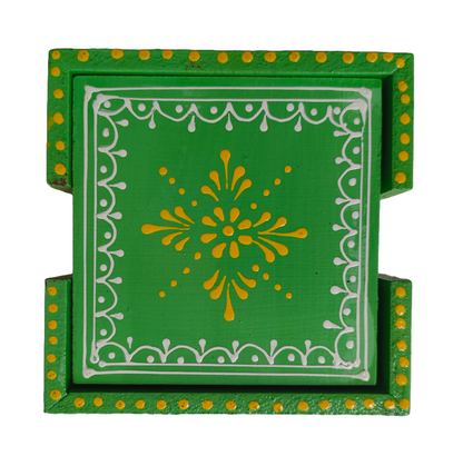 Green Floral Wooden Drink Coaster
Hand-Painted Indian Folk Art Design
Eco-Friendly Wooden Table Accessory
Tea Coffee and Small Glass Coaster
Ethnic Living Room and Office Decor
Festive and Return Gift Idea
Uphar Handicrafts