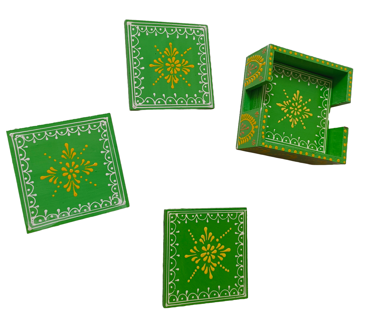 Green Indian Folk Art Coaster
Handcrafted Wooden Drink Coaster
White and Yellow Floral Painting
Traditional Indian Home Decor
Coffee Mug and Tea Cup Coaster
Diwali and Cultural Return Gift
Uphar Handicrafts