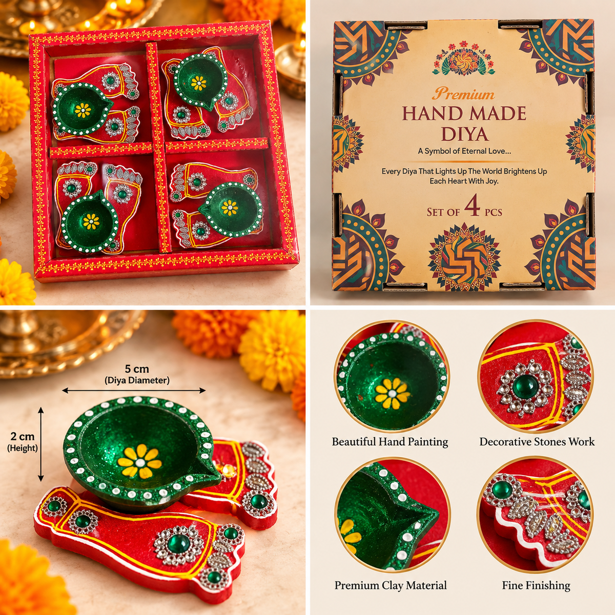 Green and Red Handmade Diyas
Diya Gift Box Set of 4
Traditional Indian Diya Set
Handmade Clay Diyas
Printed Gift Box
Festive Diwali Gifting
Floral Hand-Painted Design
Traditional Indian Festive Decor
Uphar Handicrafts