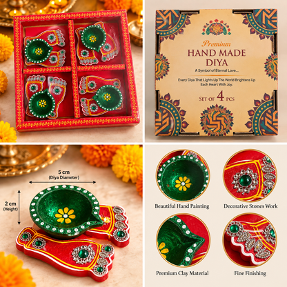 Green and Red Handmade Diyas
Diya Gift Box Set of 4
Traditional Indian Diya Set
Handmade Clay Diyas
Printed Gift Box
Festive Diwali Gifting
Floral Hand-Painted Design
Traditional Indian Festive Decor
Uphar Handicrafts
