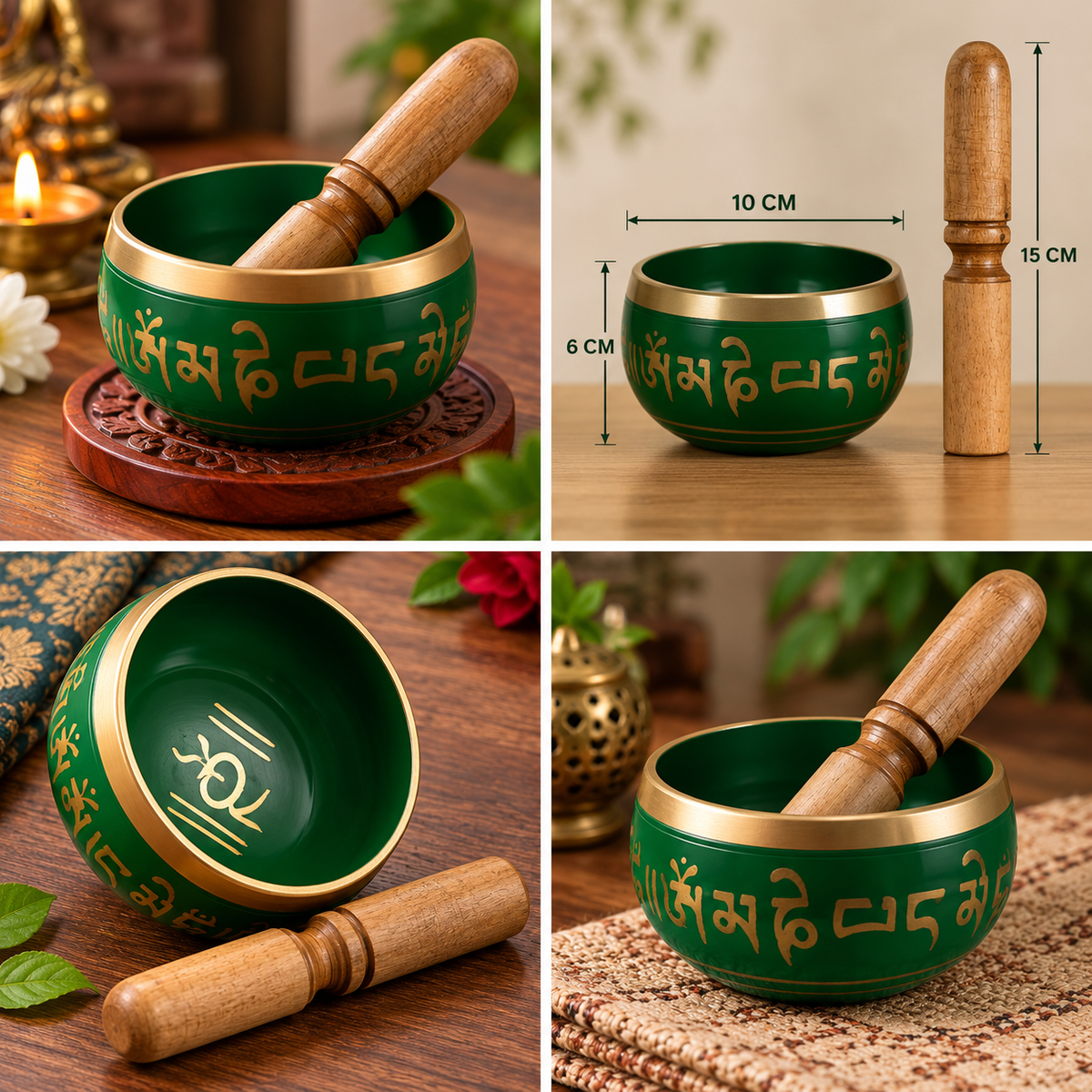 Green Tibetan singing bowl with wooden mallet by Uphar Handicrafts
Blue painted metal bowl with gold-tone lettering
Traditional round meditation bowl with polished gold-tone rim
Tibetan-style script decorates the bowl exterior
Handcrafted blue singing bowl for relaxation and yoga
Five-inch spiritual bowl for a meditation space
Uphar Handicrafts