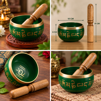 Green Tibetan singing bowl with wooden mallet by Uphar Handicrafts
Blue painted metal bowl with gold-tone lettering
Traditional round meditation bowl with polished gold-tone rim
Tibetan-style script decorates the bowl exterior
Handcrafted blue singing bowl for relaxation and yoga
Five-inch spiritual bowl for a meditation space
Uphar Handicrafts