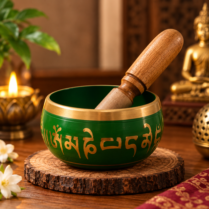 Green Tibetan singing bowl with wooden striker by Uphar Handicrafts
Green painted exterior with decorative gold lettering
Round metal bowl with a polished gold-tone rim
Traditional Tibetan-inspired singing bowl design
Handcrafted meditation accessory for yoga and relaxation
Five-inch green bowl for a peaceful spiritual space
Uphar Handicrafts