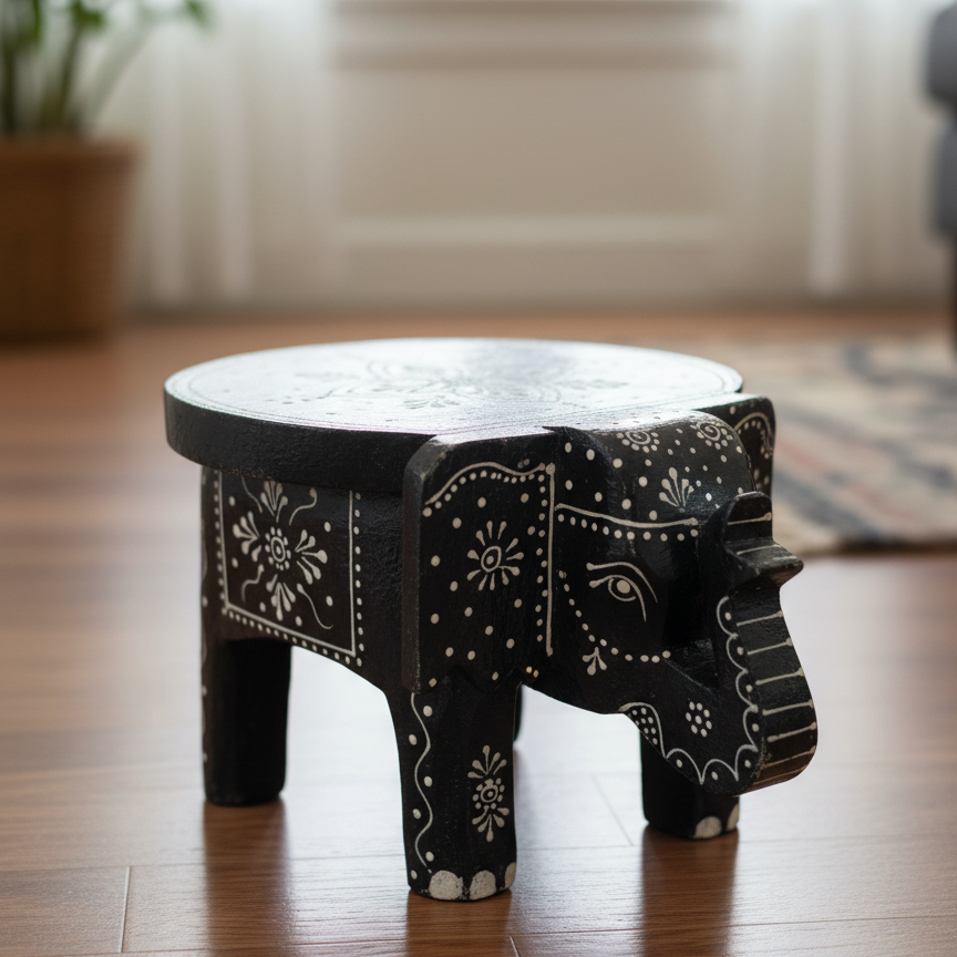 Hand-Painted Black Elephant Stool
Intricate Traditional Indian Elephant Motif
Solid Wood Decorative Stool
Unique Artisan Crafted Home Accent
Meditation Corner and Altar Decor
Ethnic Boho Indian Home Decoration
Uphar Handicrafts