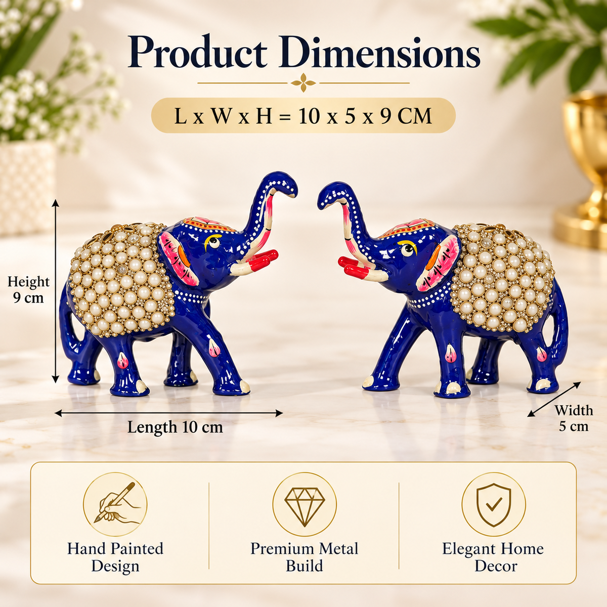 Hand-painted blue elephant figurines with pearl-style saddle embellishments
Matching pair of standing metal elephants with raised trunks
Glossy blue surface accented with red and white details
Decorative beadwork adds a festive touch to each elephant
Compact figurines measuring approximately 9 cm in height
Traditional Indian-inspired accents for home décor and gifting
Uphar Handicrafts