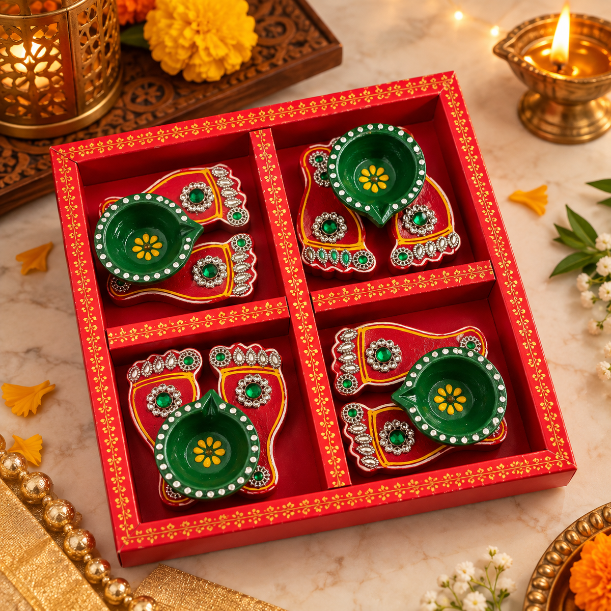 Hand-Painted Clay Diyas
Decorative Clay Diyas
Hand-Painted Diwali Diyas
Pooja and Festive Decor
Traditional Indian Diya Set
Diwali Diya Gift Set
Green and Red Traditional Diyas
Decorative Stone Work
Uphar Handicrafts