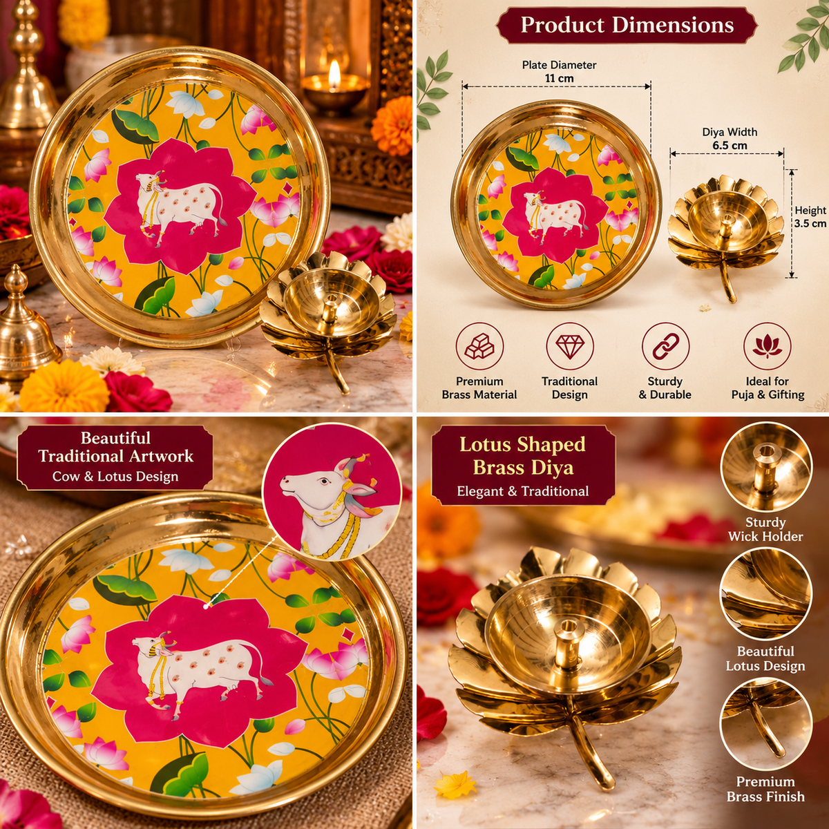 Round brass thali with hand-painted cow artwork
Pichwai-inspired floral and cow motifs
Polished brass border surrounding the artwork
Matching lotus-shaped diya completes the set
Traditional Indian puja plate for offerings
Decorative accessory for a home mandir
Uphar Handicrafts