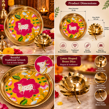 Round brass thali with hand-painted cow artwork
Pichwai-inspired floral and cow motifs
Polished brass border surrounding the artwork
Matching lotus-shaped diya completes the set
Traditional Indian puja plate for offerings
Decorative accessory for a home mandir
Uphar Handicrafts