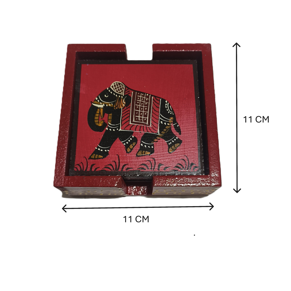 Hand-painted elephant coaster set with holder
Set of 6 square wooden coasters
Decorated elephant motif on each coaster
Matching wooden coaster holder
Traditional Rajasthani Indian-inspired design
Handcrafted and hand-painted table decor
Uphar Handicrafts