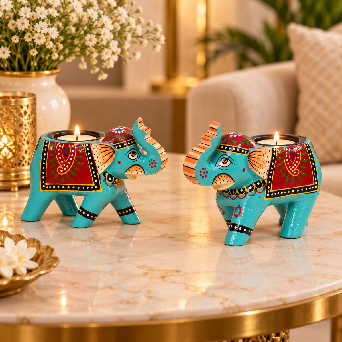 Hand-painted elephant tealight holder
Wooden elephant table decor
Trunk-up standing elephant design
Tealight cup on the elephant back
Traditional Indian-inspired home decor
Handcrafted candle holder for gifting
Uphar Handicrafts
