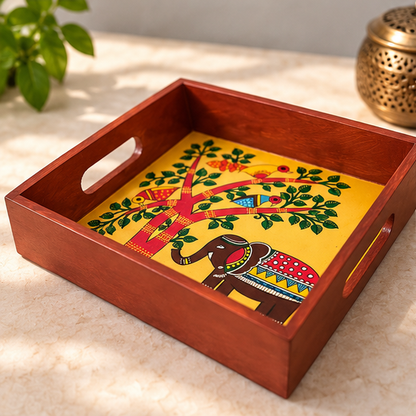 Hand-painted wooden serving tray featuring an elephant and tree folk art design
Square tray with a polished wooden frame and cut-out side handles
Traditional Indian-inspired artwork in the center of the tray
Wooden tray measuring approximately 8 × 8 inches with a 2-inch height
Handcrafted serving tray for tea, snacks, sweets and dry fruits
Decorative folk art tray for home styling and festive gifting
Uphar Handicrafts
