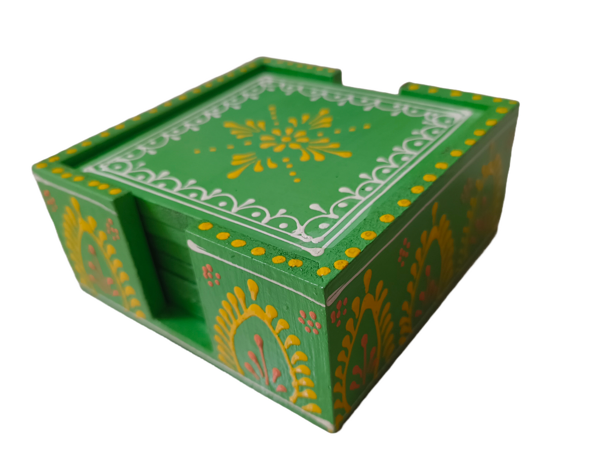 Hand-Painted Floral Wooden Coaster
Green Coaster with Ethnic Floral Design
Traditional Indian Art Table Accessory
Wooden Tea and Coffee Cup Holder
Dining Room and Living Room Decor
Indian Artisan Ethnic Gift
Uphar Handicrafts