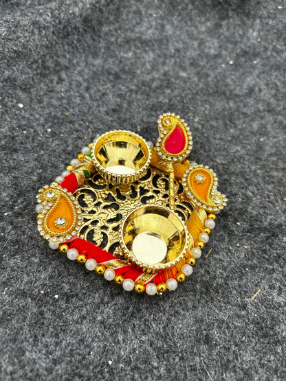 Traditional Indian Ritual Thali
Multicolor Akshat and Tikka Plate
Puja and Tilak Ceremony Accessory
Wedding and Housewarming Puja Decor
Indian Festive Religious Gift
Uphar Handicrafts