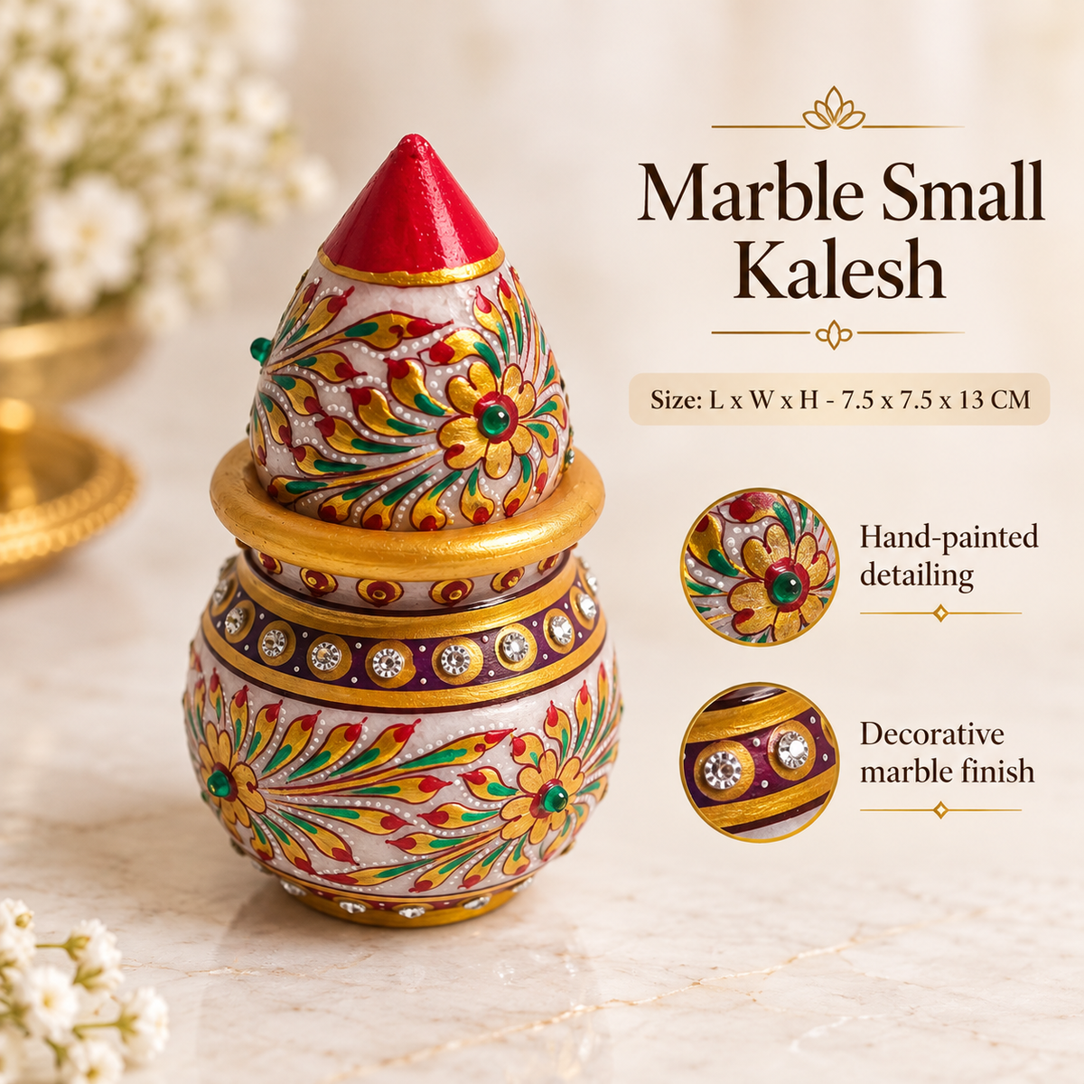 Hand-painted marble Kalash with decorative stones
White marble finish with colorful artistic detailing
Gold-tone borders accent the painted design
Traditional Kalash form with a coconut top
Handcrafted decorative piece with individual details
Festive accessory for puja thalis and home temples
Uphar Handicrafts