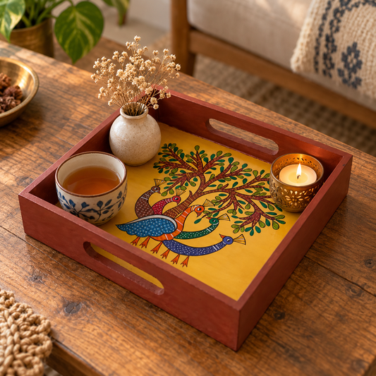 Hand-painted wooden serving tray featuring a peacock and tree folk art design
Square tray with a polished wooden frame and cut-out side handles
Traditional Indian-inspired artwork in the center of the tray
Handcrafted tray measuring approximately 8 × 8 inches
Two-inch-high wooden tray for serving tea, snacks and sweets
Decorative folk art accessory for home styling and festive gifting
Uphar Handicrafts