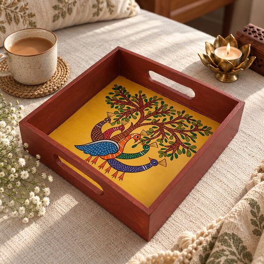 Hand-painted wooden tray featuring traditional peacock and tree artwork
Square serving tray with a polished wooden frame
Folk art centerpiece with cut-out handles on both sides
Handcrafted Indian-inspired tray measuring approximately 8 × 8 inches
Suitable for birthdays, weddings, anniversaries and housewarming gifts
Each tray may feature slight variations in color and painted details
Uphar Handicrafts