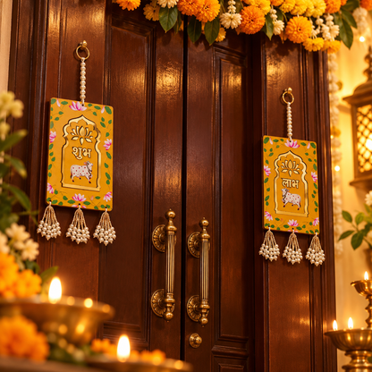 Hand-painted Shubh Labh decor
Handcrafted Indian festive wall hanging
MDF wood decorative panels
Floral border with bead tassels
Traditional Diwali wall decoration
Uphar Handicrafts