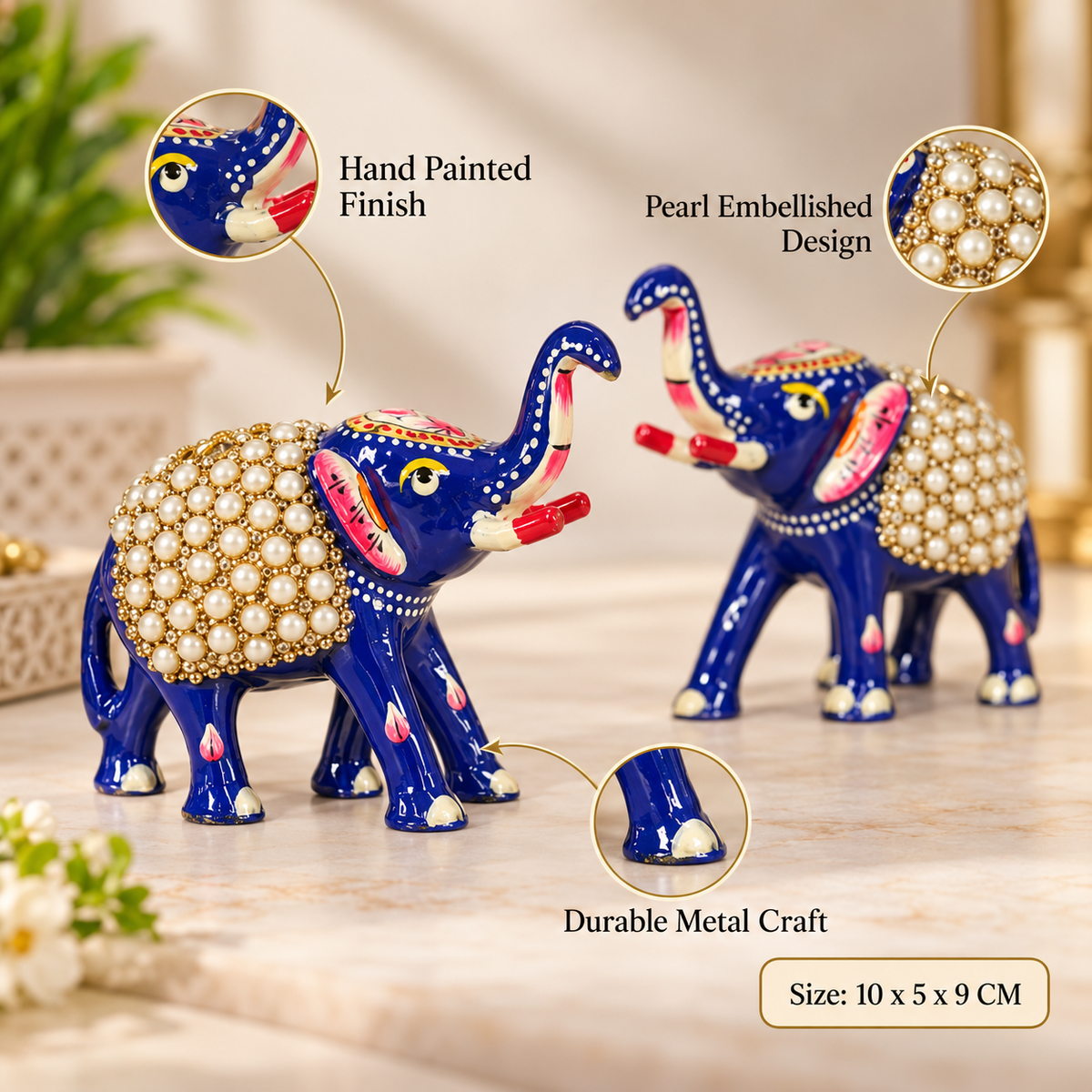 Handcrafted blue elephant pair for festive home decoration and gifting
Two standing metal elephants with raised trunks
Glossy hand-painted finish with red and white detailing
Pearl-style beaded saddles add decorative character
Compact figurines measuring approximately 9 cm high each
Suitable for Diwali, birthdays, housewarmings and wedding gifts
Uphar Handicrafts