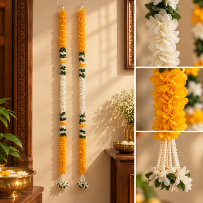 Handcrafted fabric flower garland
Artificial flowers with leaf detailing
Hand-finished floral hanging strings
Bead or metal tassel detailing
Five-foot length per garland
Traditional festive Indian-inspired decor
Uphar Handicrafts