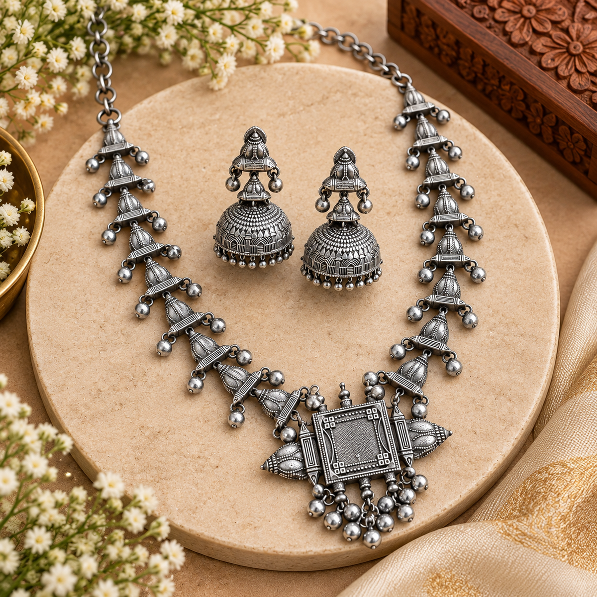 Handcrafted Indian oxidized necklace and earrings set
Traditional tribal and boho-inspired jewelry
Antique silver-tone finish with an old-fashioned look
Metal alloy necklace with stone and bead accents
Matching earrings for traditional and festive outfits
Jewelry for weddings, parties, festivals and gifting
Uphar Handicrafts