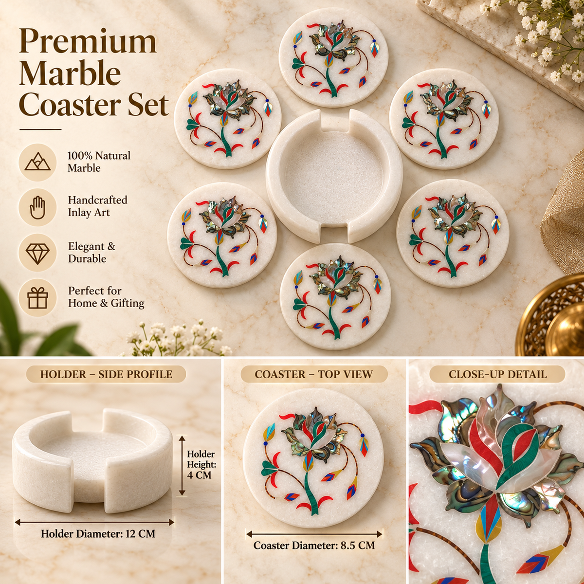Handcrafted marble floral coaster set
Round white marble coasters
Floral vine inlay detailing
Polished marble finish
Set includes six coasters and one holder
Traditional Indian-inspired home accessory
Uphar Handicrafts