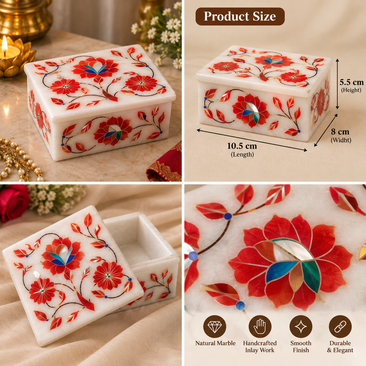 Handcrafted marble inlay box
Polished white marble construction
Floral stone inlay detailing
Decorative lid and rectangular shape
Traditional Indian-inspired craftsmanship
Box for jewelry and small accessories
Uphar Handicrafts