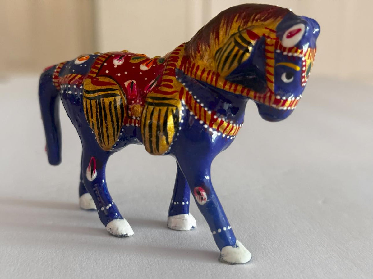 Handcrafted Meenakari Horse Figurine
Decorative Horse Statue for Home
Spiritual Indian Horse Showpiece
Intricate Gold and Blue Details
Elegant Traditional Home Accent
Uphar Handicrafts