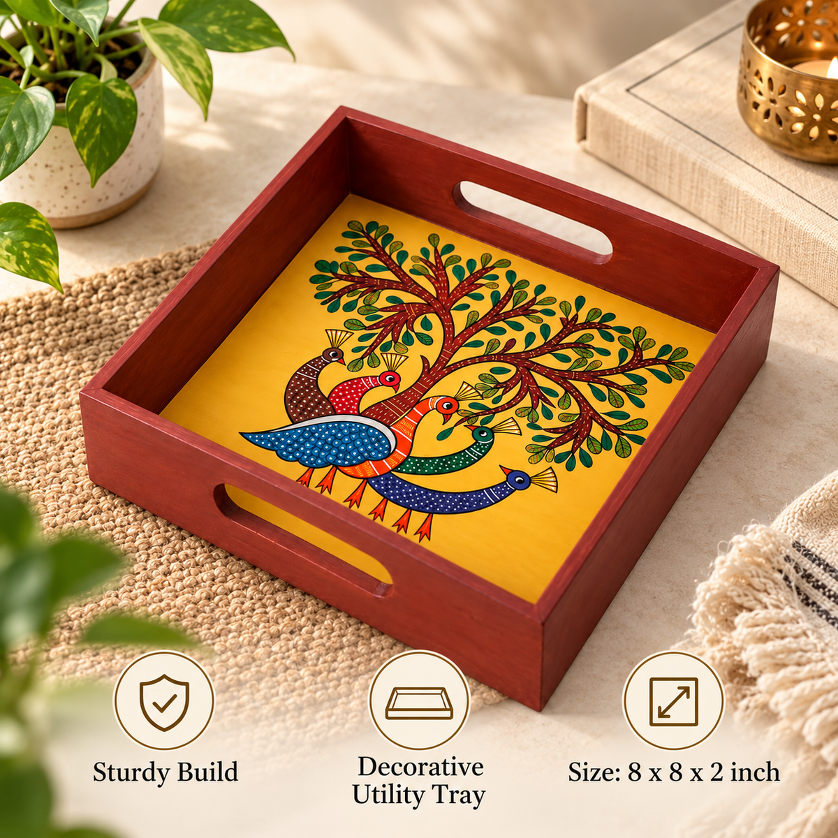 Decorative wooden tray with hand-painted peacock and tree artwork
Traditional folk art design on a square serving tray
Polished wooden border with cut-out handles on both sides
Handcrafted and hand-painted Indian-inspired home accessory
Suitable for table decoration, puja items and festive displays
Thoughtful handmade gift for housewarmings and celebrations
Uphar Handicrafts