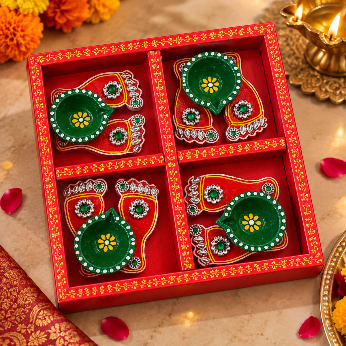 Handmade Diya Gift Box Set
Diwali Diya Gift Set
Hand-Painted Clay Diyas
Traditional Indian Festive Gifting
Decorative Stone Detail
Set of 4 Clay Diyas
Green and Red Hand-Painted Diyas
Traditional Indian Diwali Gift
Uphar Handicrafts