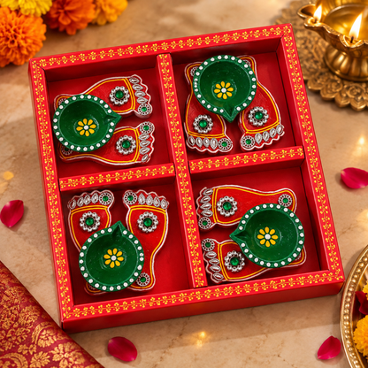 Handmade Diya Gift Box Set
Diwali Diya Gift Set
Hand-Painted Clay Diyas
Traditional Indian Festive Gifting
Decorative Stone Detail
Set of 4 Clay Diyas
Green and Red Hand-Painted Diyas
Traditional Indian Diwali Gift
Uphar Handicrafts