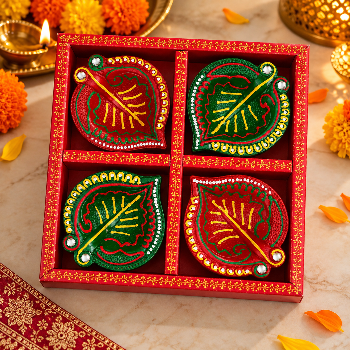 Handmade Diya Gift Box Set with four traditional clay diyas
Set of four green and red hand-painted diyas
Floral hand-painted designs on handmade clay diyas
Decorative stone detailing on festive diyas
Printed gift box containing four decorative diyas
Traditional Indian diya gift set for Diwali and celebrations
Uphar Handicrafts