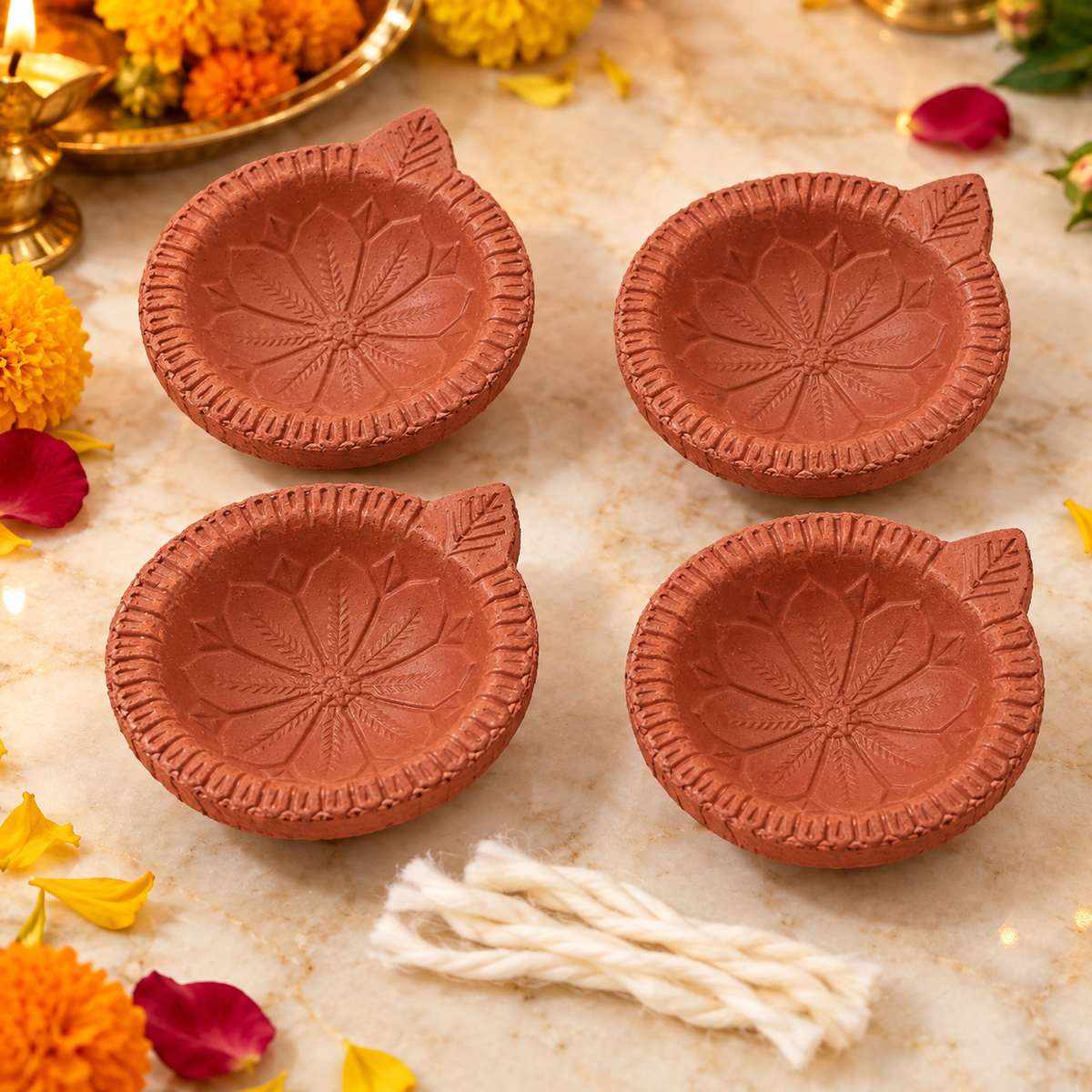 Handmade terracotta diya set
Four natural clay diyas with wicks
Traditional Indian diya decoration
Hand-finished terracotta diyas
Festive lighting for Diwali
Uphar Handicrafts